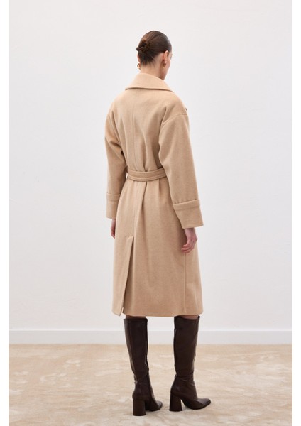 Beli Bağlamalı Uzun Kaban - Bej