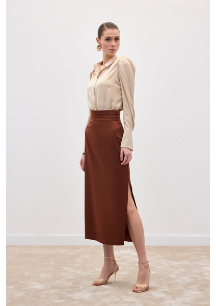 Bel Pile Detaylı Saten Etek - Kahve fiyatları