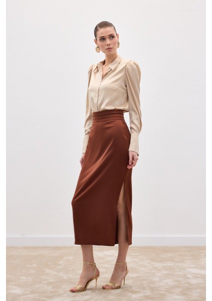 Bel Pile Detaylı Saten Etek - Kahve fırsatları