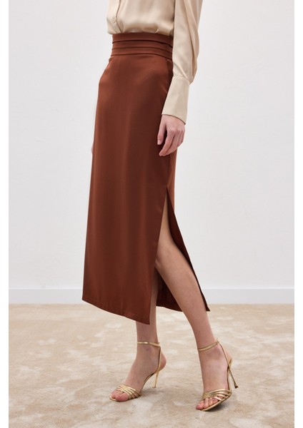 Bel Pile Detaylı Saten Etek - Kahve
