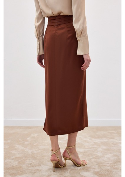 Bel Pile Detaylı Saten Etek - Kahve