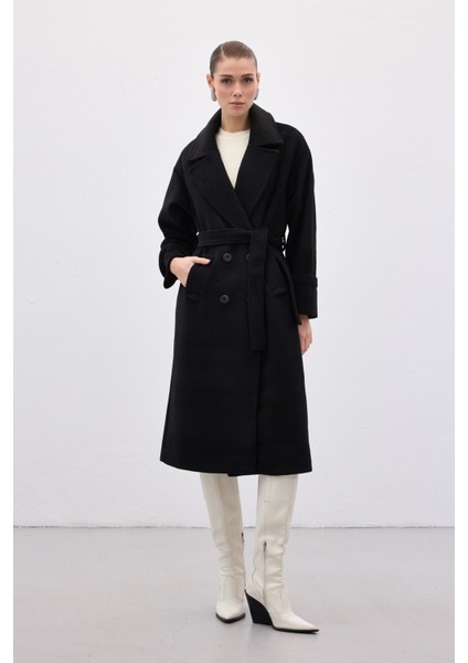 Beli Bağlamalı Uzun Kaban - Siyah