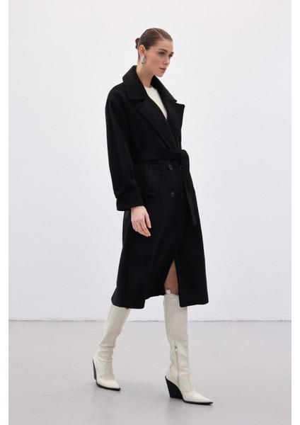 Beli Bağlamalı Uzun Kaban - Siyah modelleri