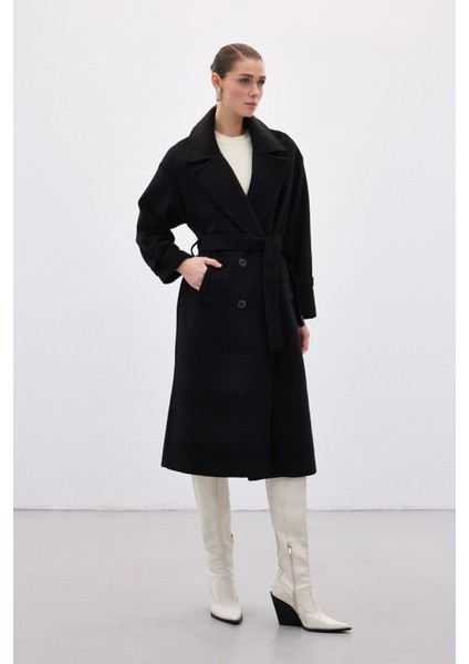 Beli Bağlamalı Uzun Kaban - Siyah fırsatları