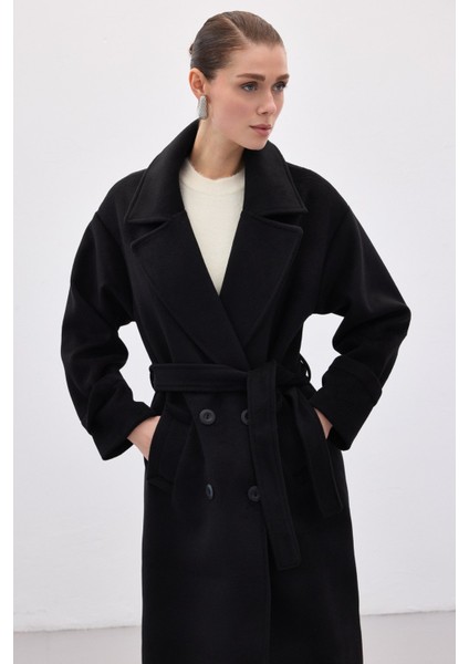 Beli Bağlamalı Uzun Kaban - Siyah indirimleri