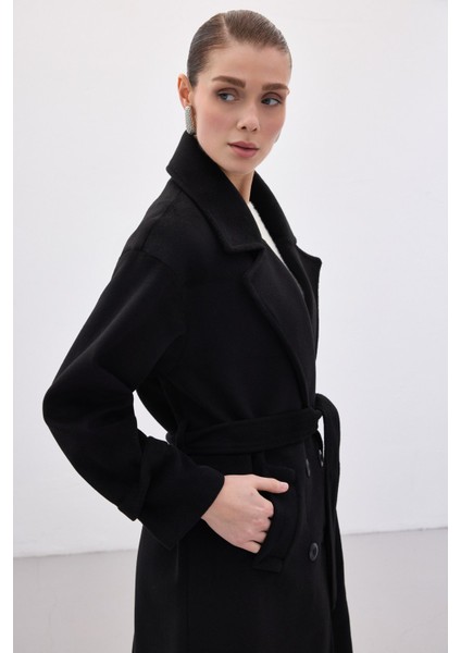 Beli Bağlamalı Uzun Kaban - Siyah