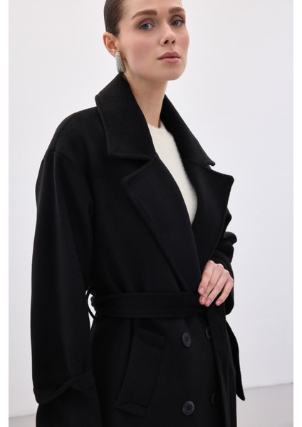 Beli Bağlamalı Uzun Kaban - Siyah