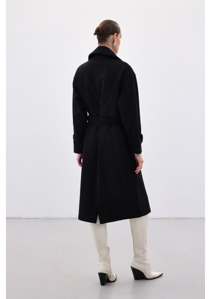 Beli Bağlamalı Uzun Kaban - Siyah