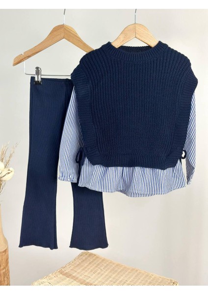 Lacivert Fırfır Detaylı Kombin Takım – Örme & Gömlek Kumaş Üst + Boru Paça Alt modelleri