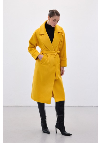 Beli Bağlamalı Uzun Kaban - Sarı