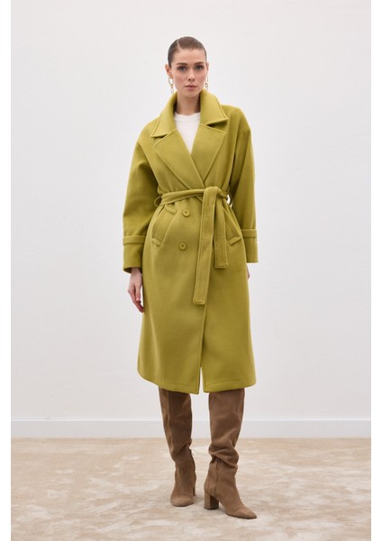 Beli Bağlamalı Uzun Kaban - Yağ Yeşili