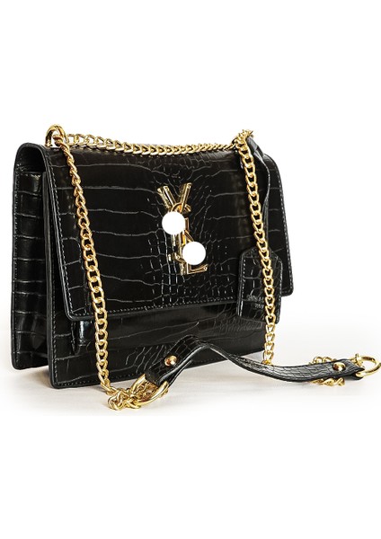 Siyah Timsah Desenli Omuz Çanta