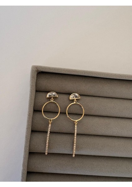 Özel Seri Xp 14K Kristal Taş Detay Gold Çubuk Sallantılı Küpe