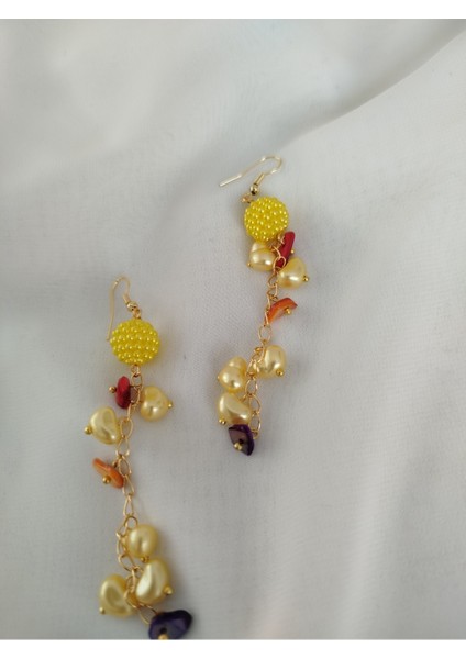 Gold Altın Kaplama Beyaz Inci Kırıktaş Sallantı Tasarım Küpe