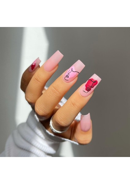 Pembe Kırmızı Kadın Desenli Takma Tırnak Seti (24 Adet)