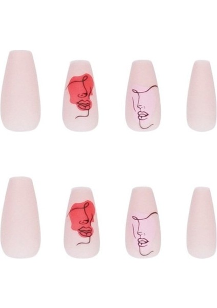 Pembe Kırmızı Kadın Desenli Takma Tırnak Seti (24 Adet) fiyatları