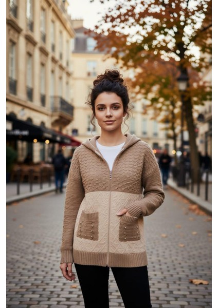 Kadın Büyük Beden Kapüşonlu Cepli Taş Detay Kapitoneli Triko Hırka modelleri