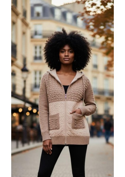 Kadın Büyük Beden Kapüşonlu Cepli Taş Detay Kapitoneli Triko Hırka fırsatları