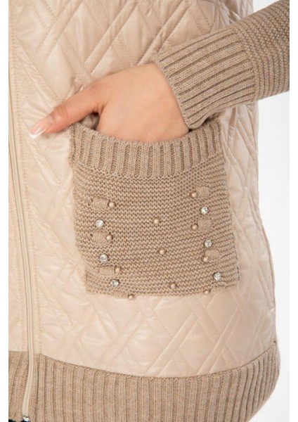 Kadın Büyük Beden Kapüşonlu Cepli Taş Detay Kapitoneli Triko Hırka