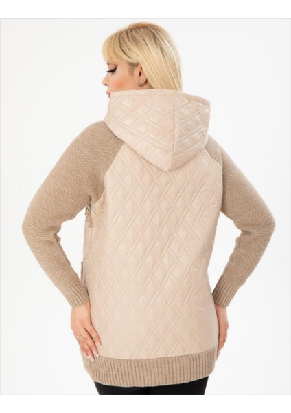 Kadın Büyük Beden Kapüşonlu Cepli Taş Detay Kapitoneli Triko Hırka