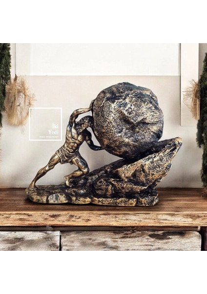 Sisifos Heykeli Mitolojik Figür Biblo Dekoratif Masa Üstü Obje Bronz Renk Heykel Ev Ofis Aksesuarı