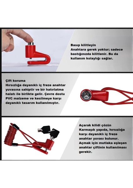 Scooter Motosiklet Elektrikli Bisiklet Disk Fren Kilidi Uyarı Halatı Çelik Güvenlik Kilidi Hırsızlık Önleyici