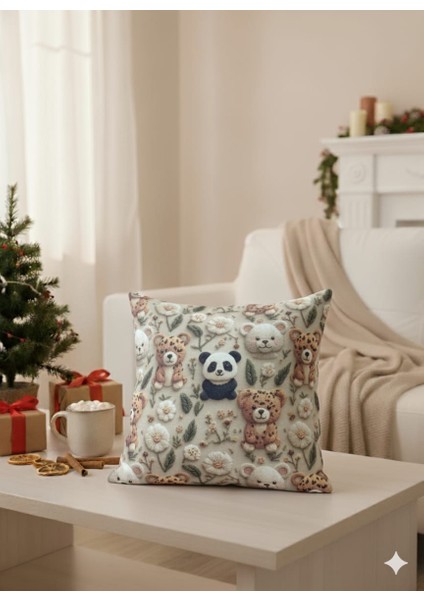 3D Nakış Efektli Oyuncak Ayılar Desenli Çocuk & Bebek Kırlent Kılıfı 43X43