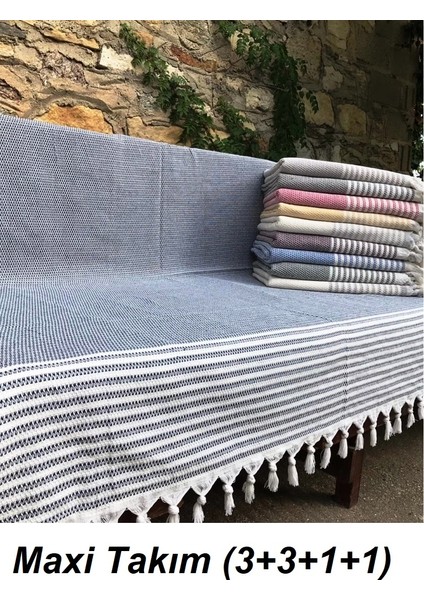 Pamuklu Kaymaz Hasır Dokuma Kolları Örten Koltuk Örtüsü Maxi Takım-Koyu Gri Yeni