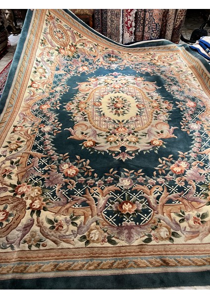 El Dokuma Kabartmalı Çin Halısı Birinci Sınıf Kalite Petrol Yeşili Ebat 370X275