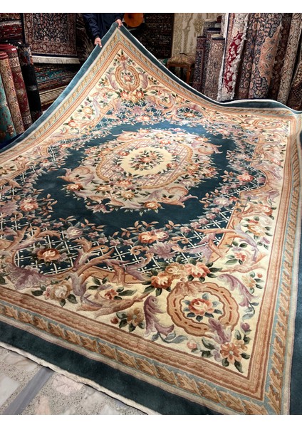 El Dokuma Kabartmalı Çin Halısı Birinci Sınıf Kalite Petrol Yeşili Ebat 370X275 fiyatları