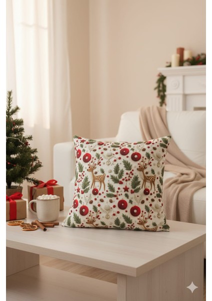 Yılbası Konseptli 3D Nakış Efektli Geyik ve Kokina Çiçek Desenli Kırlent Kılıfı 43X43 (Iç Dolgusuz)