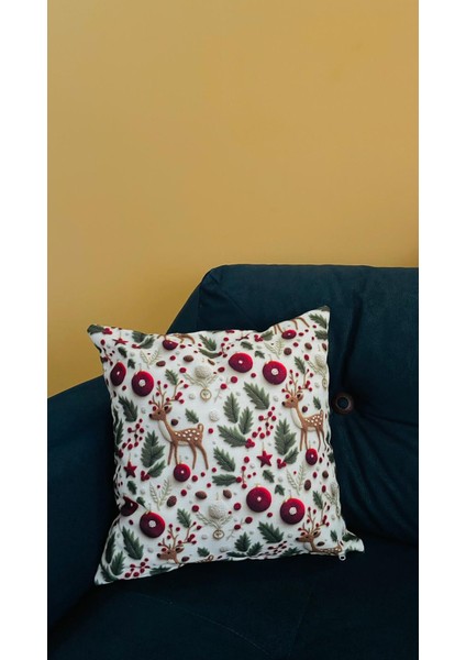 Yılbası Konseptli 3D Nakış Efektli Geyik ve Kokina Çiçek Desenli Kırlent Kılıfı 43X43 (Iç Dolgusuz) fiyatları