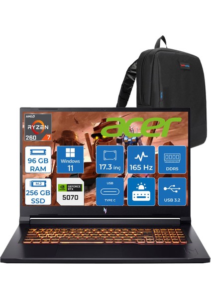 Nitro V17 ANV17 Aı Amd Ryzen™ 7 260 96GB Ddr5 256GB SSD 8GB/RTX5070 85W 17.3"wqxga 2560X1440 165Hz IPS WIN11HOME Gaming Bilgisayar. NHQZKEY001H26+ZETTAÇANTA
