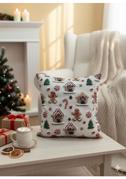 Yılbaşı Konseptli 3D Nakış Efektli Ev ve Kurabiye Desenli Kırlent Kılıfı 43X43(IÇ Dolgusuz)
