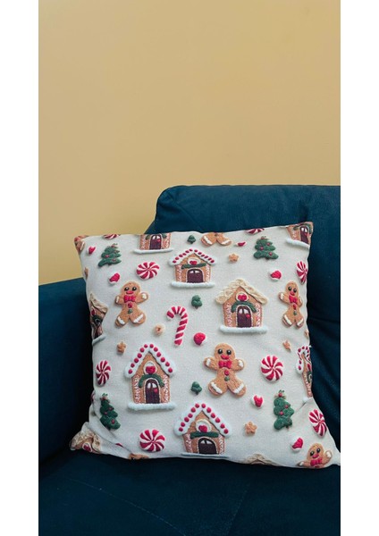 Yılbaşı Konseptli 3D Nakış Efektli Ev ve Kurabiye Desenli Kırlent Kılıfı 43X43(IÇ Dolgusuz) fiyatları