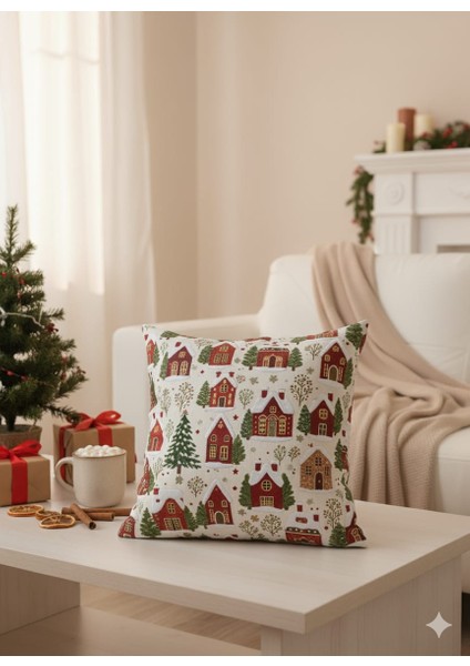 Yılbaşı Konseptli 3D Nakış Efektli Ev ve Çam Ağacı Desenlı Kırlent Kılıfı 43X43 (Iç Dolgusuz)