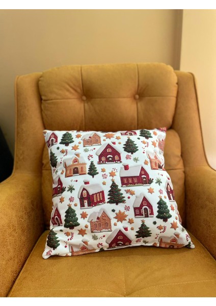 Yılbaşı Konseptli 3D Nakış Efektli Ev ve Çam Ağacı Desenlı Kırlent Kılıfı 43X43 (Iç Dolgusuz) fiyatları