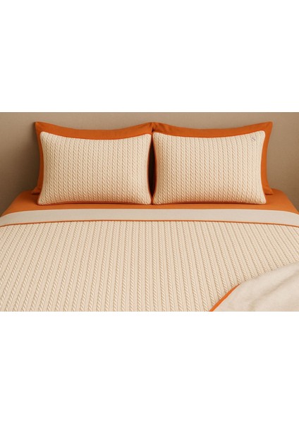 Turuncu-Krem Örgü Desen Çift Kişilik Nevresim Takımı (Pike Tkm)