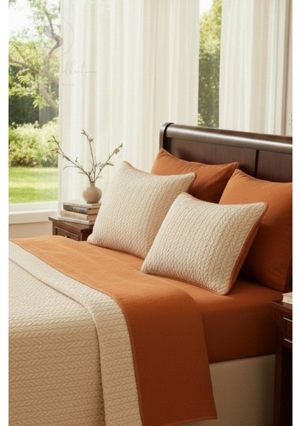 Turuncu-Krem Örgü Desen Çift Kişilik Nevresim Takımı (Pike Tkm) fırsatları