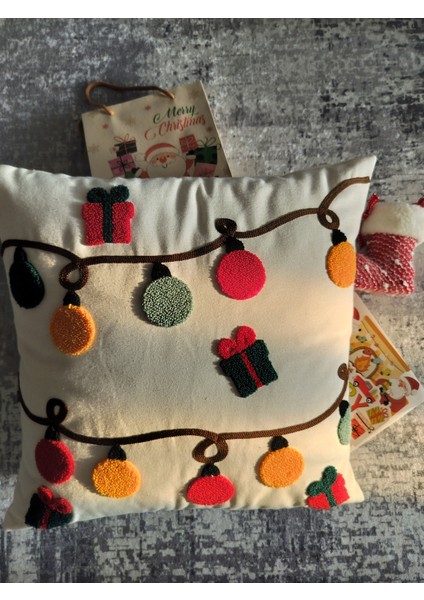 Yılbaşına Özel Lambalı Punch Işlemeli Kırlent Kılıfı