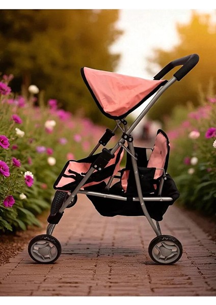 Katlanabilir Metal Dayanıklı Gövde 64 cm Tenteli Gölgelikli Oyuncak Bebek Arabası 3 Tekerli
