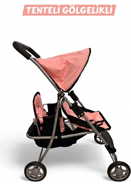 Katlanabilir Metal Dayanıklı Gövde 64 cm Tenteli Gölgelikli Oyuncak Bebek Arabası 3 Tekerli fırsatları
