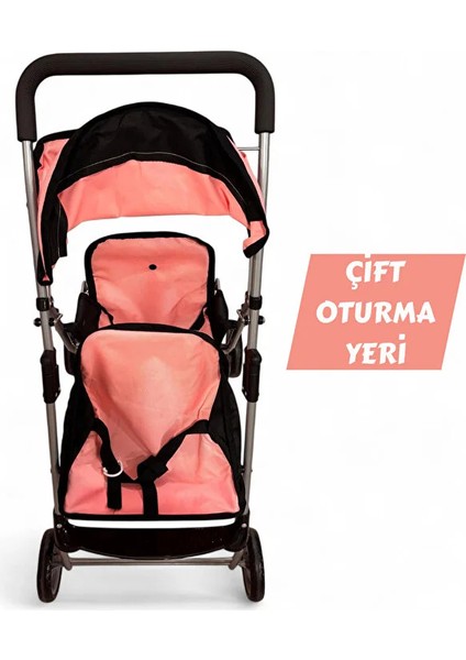 Katlanabilir Metal Dayanıklı Gövde 64 cm Tenteli Gölgelikli Oyuncak Bebek Arabası 3 Tekerli