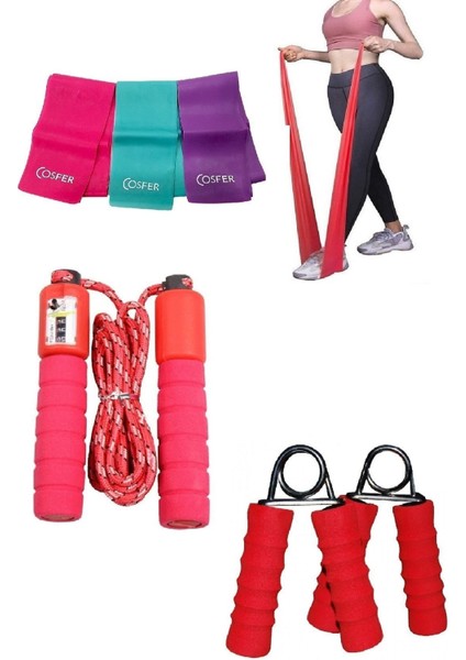 3'lü Set Aerobik Yoğa Egzersiz Pilates Bandı Seti Atlama Ipi El Parmak Bilek Kol Güçlendirme El Yayı