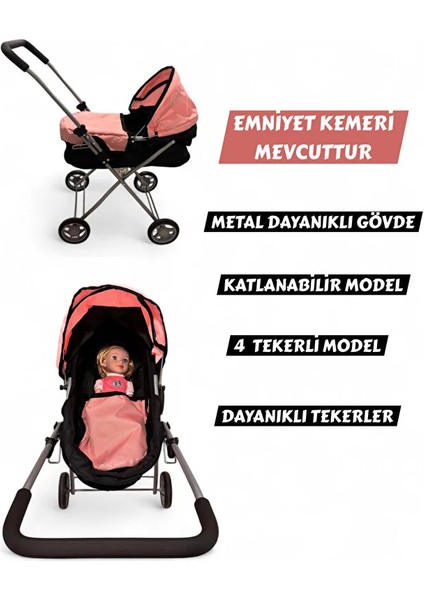 Katlanabilir Metal Dayanıklı Gövde 64 cm Tenteli Gölgelikli Oyuncak Bebek Arabası 3 Tekerli fiyatları