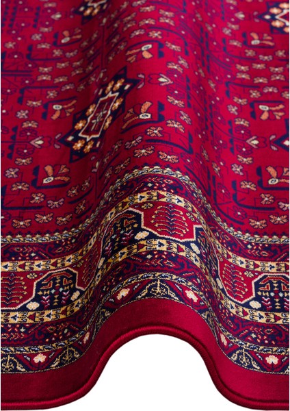 Sateen Afghan SFG03 Red Afgan Desenlerine Sahip Hav Vermez Yıkanabilir Kaymaz Tabanlı Makine Halısı