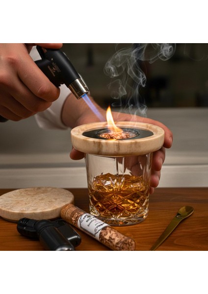 Bej Mermer Kokteyl Tütsüleme Seti(Çelik Süzgeç,tütsü Talaşı,pürmüz,gold Kaşık)