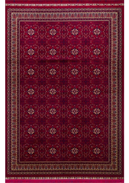 Sateen Afghan SFG03 Red Afgan Desenlerine Sahip Hav Vermez Yıkanabilir Kaymaz Tabanlı Makine Halısı