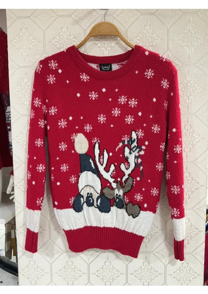 Kadın Yılbaşı Temalı Noel Baba ve Ren Geyiği Desenli Triko Kazak fiyatları