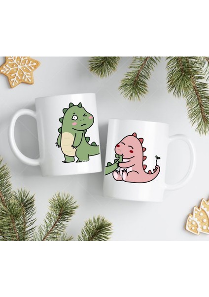 Dinozor Temalı Sevgili Kupası | Sevimli Karikatür Ikili Kupa | Romantik Hediyelik Bardak Seti
